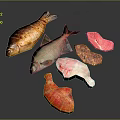 Different Animal Derived Food Products Featuring Roasted Fish Raw Fillets And Meat Cuts