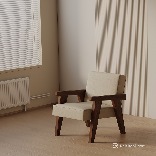 Modern Beige Lounge Chair With Wooden Arms And Light Walls Near Window With Blinds 3d model 