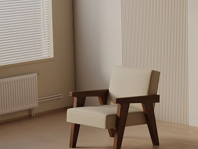 Modern Beige Lounge Chair With Wooden Arms And Light Walls Near Window With Blinds 3d model