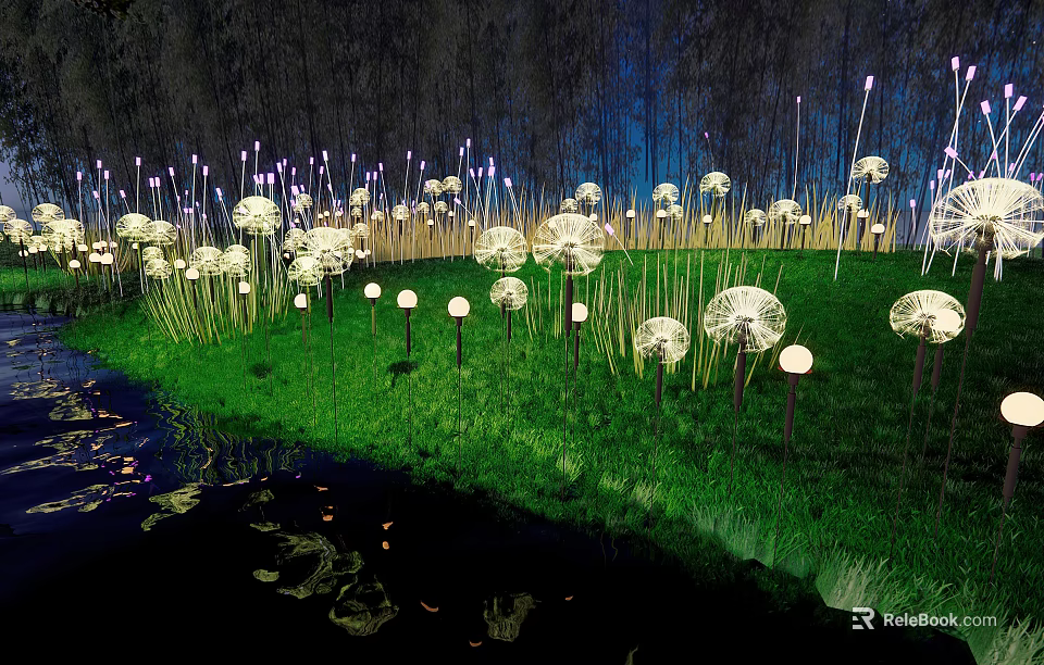 Dandelion Shaped Outdoor Lights with White Glow on Green Grass and Water Reflections at Night 3d model 