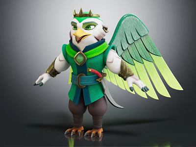 Anthropomorphic Eagle Character With Green Wings Crown Green Outfit And Sharp Claws 3d model