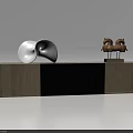 Wooden Decorative Cabinet Featuring Black Panel White Sculpture And Horse Figurines On Top