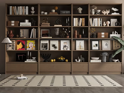 Modern Wooden Bookcase With Books Decorative Items Photo Frames And Storage Shelves 3d model