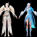 Game and Movie Characters in White Golden Angelic and Blue Ice Themed Outfits with Wings