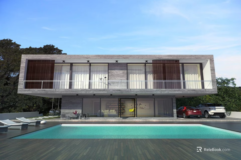 Modern Detached Villa Exterior Design Featuring Swimming Pool Large Glass Windows And Terrace 3d model 