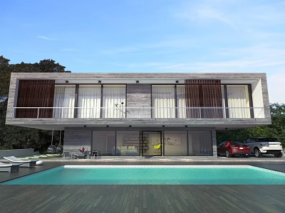 Modern Detached Villa Exterior Design Featuring Swimming Pool Large Glass Windows And Terrace 3d model