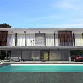 Modern Detached Villa Exterior Design Featuring Swimming Pool Large Glass Windows And Terrace