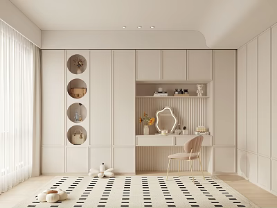 Modern Light Toned Walk in Closet with White Cabinets Open Shelves Dressing Table and Chair 3d model