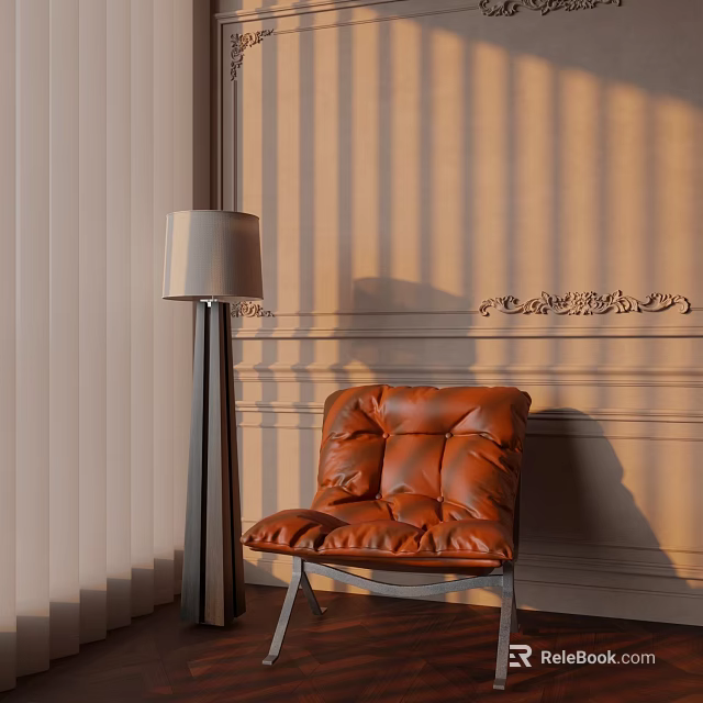 Brown Leather Lounge Chair with Floor Lamp Against Wall with Decorative Moldings and Light Shadows 3d model 