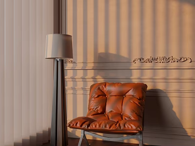 Brown Leather Lounge Chair with Floor Lamp Against Wall with Decorative Moldings and Light Shadows 3d model
