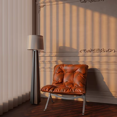 Brown Leather Lounge Chair with Floor Lamp Against Wall with Decorative Moldings and Light Shadows 3d model