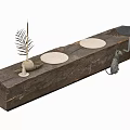 Rustic Wooden Stool With Two Round Cushions Palm Leaf And Squirrel Ornament 3d model