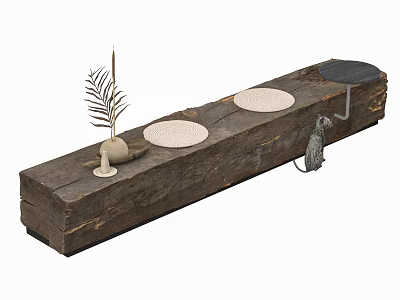 Rustic Wooden Stool With Two Round Cushions Palm Leaf And Squirrel Ornament 3d model