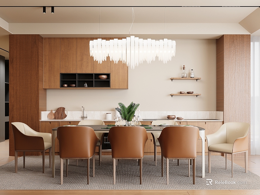 Modern Restaurant Interior With Dining Table White Chandelier Wooden Cabinets And Brown Beige Chairs 3d model 