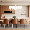 Modern Restaurant Interior With Dining Table White Chandelier Wooden Cabinets And Brown Beige Chairs