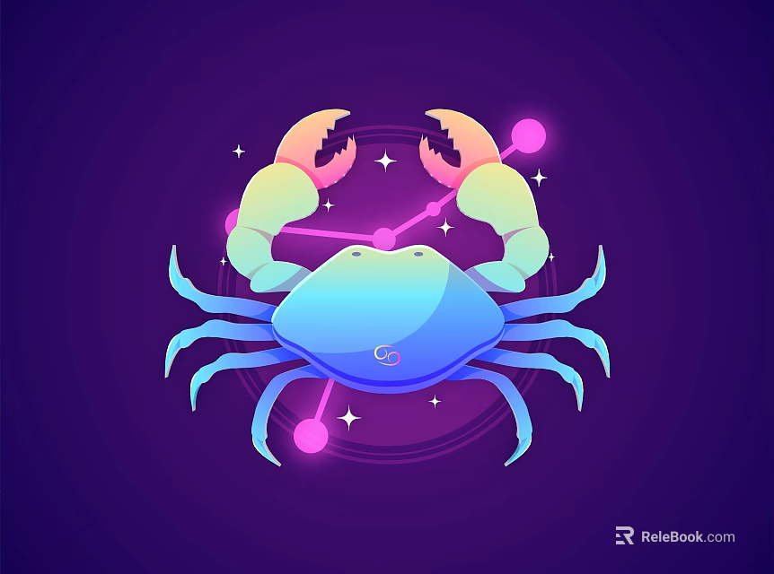 Vibrant Colorful Crab Illustration On Purple Background With Stars And Halo Elements 3d model 