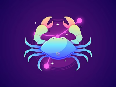 Vibrant Colorful Crab Illustration On Purple Background With Stars And Halo Elements 3d model