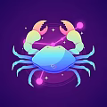 Vibrant Colorful Crab Illustration On Purple Background With Stars And Halo Elements