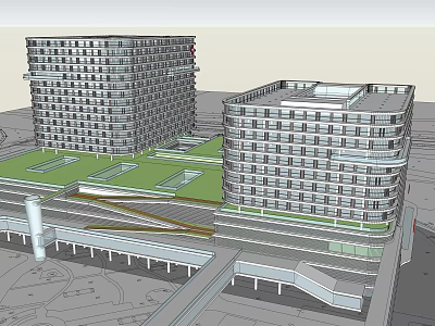 Modern High Rise Buildings Architectural Model with Green Area and Surrounding Infrastructure 3d model