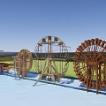 Decorative Garden Ornaments With Arranged Wooden Water Wheels And Lush Green Plants
