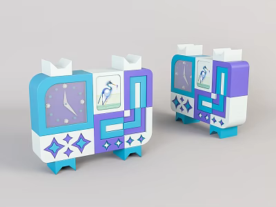 Block Style Decorative Clocks with Blue White Purple Colors and Star Patterns 3d model