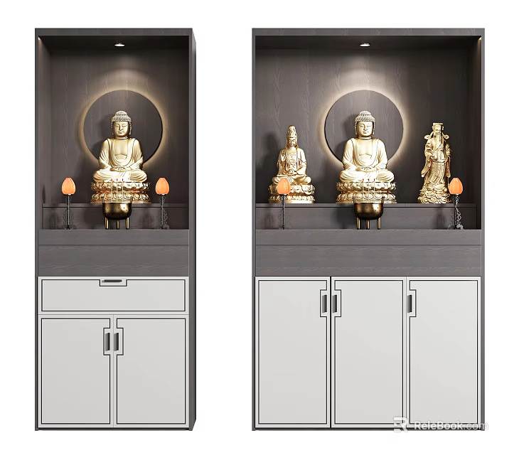 Elegant Buddhist Shrine Cabinet Interior With Buddha Statues And Warm Lighting Design 3d model 