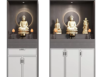 Elegant Buddhist Shrine Cabinet Interior With Buddha Statues And Warm Lighting Design 3d model