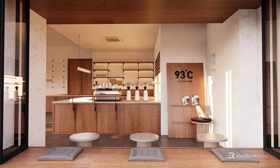 93℃ Café Interior With Wooden Counter White Cups Hanging Lights And Gray Cushions 3d model 