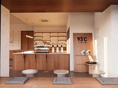 93℃ Café Interior With Wooden Counter White Cups Hanging Lights And Gray Cushions 3d model