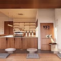 93℃ Café Interior With Wooden Counter White Cups Hanging Lights And Gray Cushions