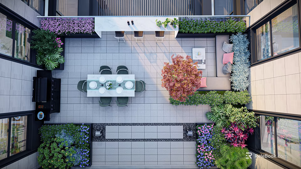 Roof Garden Design Featuring Various Plants Seating Area Dining Table and Colorful Flowers 3d model 
