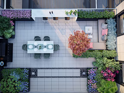 Roof Garden Design Featuring Various Plants Seating Area Dining Table and Colorful Flowers 3d model