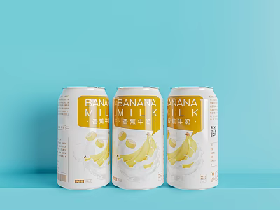 Three Cans of Banana Milk Drink with Light Blue Background and Banana Graphics 3d model