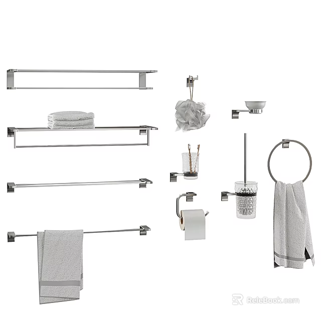 Modern Stainless Steel Bathroom Accessories With Towel Bars Rings Toilet Paper Holders And Soap Dishes 3d model 