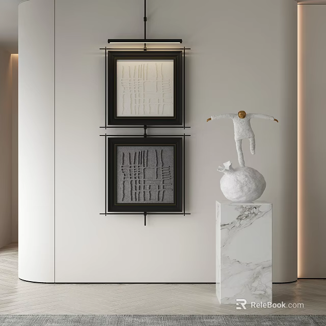 Abstract Paintings And White Sculpture Display On Marble Pedestal Against White Wall 3d model 