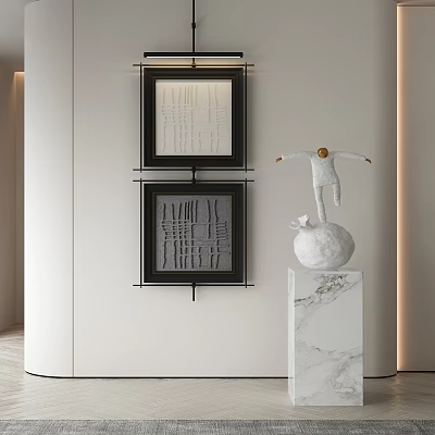 Abstract Paintings And White Sculpture Display On Marble Pedestal Against White Wall 3d model
