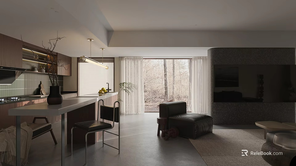 Modern Cozy Open Dining And Living Room With Large Window And Comfortable Lounge Furniture 3d model 