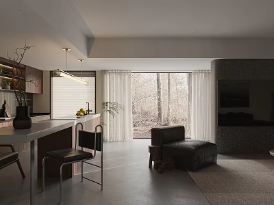Modern Cozy Open Dining And Living Room With Large Window And Comfortable Lounge Furniture 3d model
