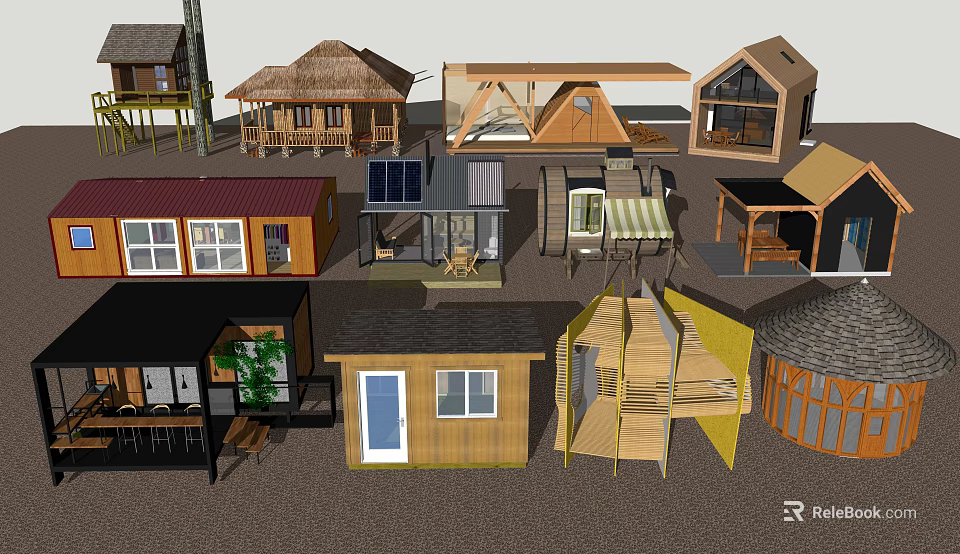 Various Styles Guesthouse Buildings With Solar Panels Terraces And Unique Roof Designs 3d model 
