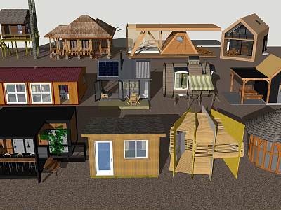 Various Styles Guesthouse Buildings With Solar Panels Terraces And Unique Roof Designs 3d model