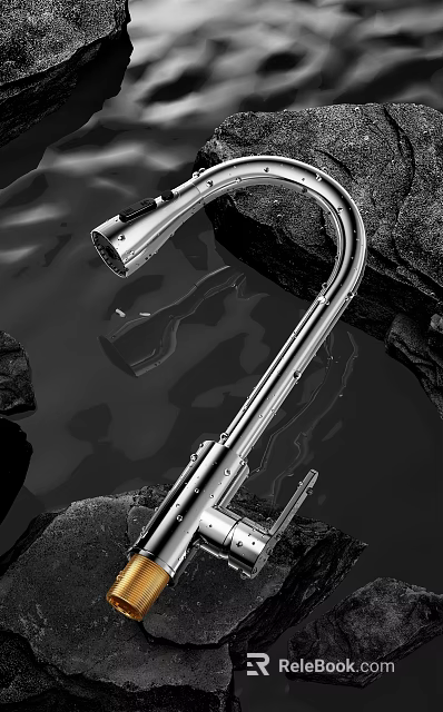 Stunning Silver Curved Faucet With Rocks And Reflection On Water Surface 3d model 