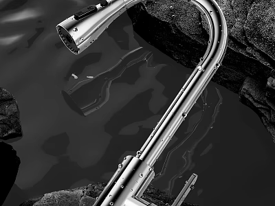 Stunning Silver Curved Faucet With Rocks And Reflection On Water Surface 3d model