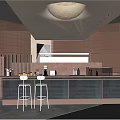 Modern Pantry Interior With Round Ceiling Light Bar Counter Brown Wall Tiles And Storage Shelves