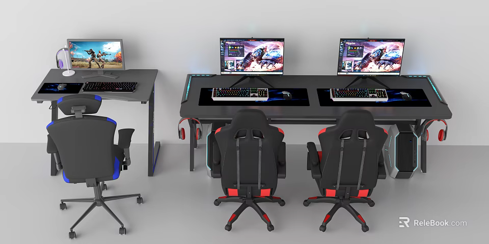 Gaming Entertainment Desk Setup Featuring Multiple Monitors Keyboards And Ergonomic Gaming Chairs 3d model
