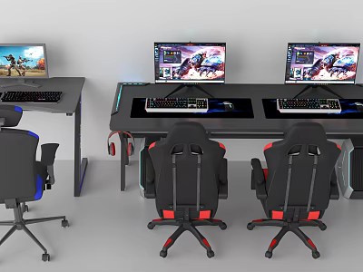 Gaming Entertainment Desk Setup Featuring Multiple Monitors Keyboards And Ergonomic Gaming Chairs 3d model