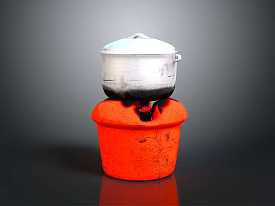 Practical Household Cooking Supplies Red Clay Stove With Silver Aluminum Pot 3d model