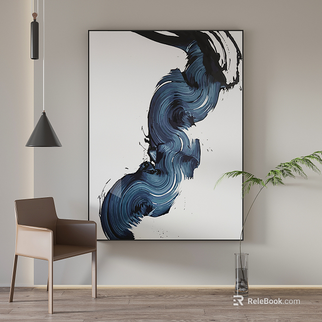 Abstract Painting With Blue Black Wavy Brushstrokes In Modern Interior Room Decor 3d model 
