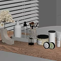 Bathroom Accessories With Wooden Tray White Bottles Black Pumps Makeup Brushes Vase Dried Flowers Jars