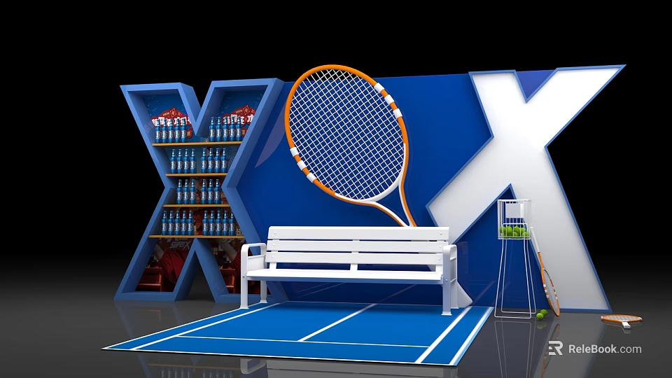 Tennis Themed Photo Spot With Blue X Structure White Bench And Tennis Racket 3d model 