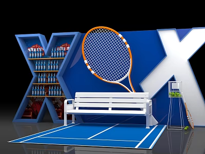 Tennis Themed Photo Spot With Blue X Structure White Bench And Tennis Racket 3d model